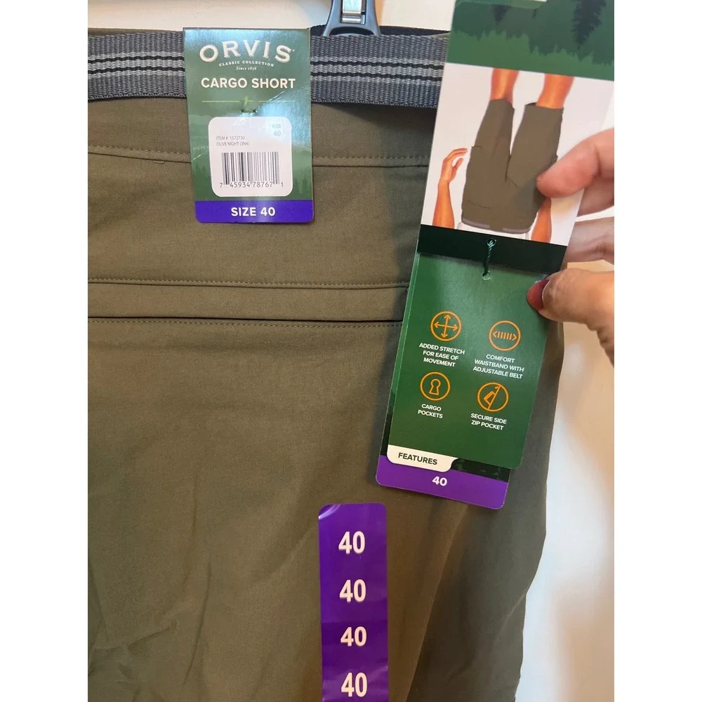Orvis Mens Cargo Shorts Olive Night Green Size 40 Stretch Belted Tech Hiking NEW - Picture 4 of 6